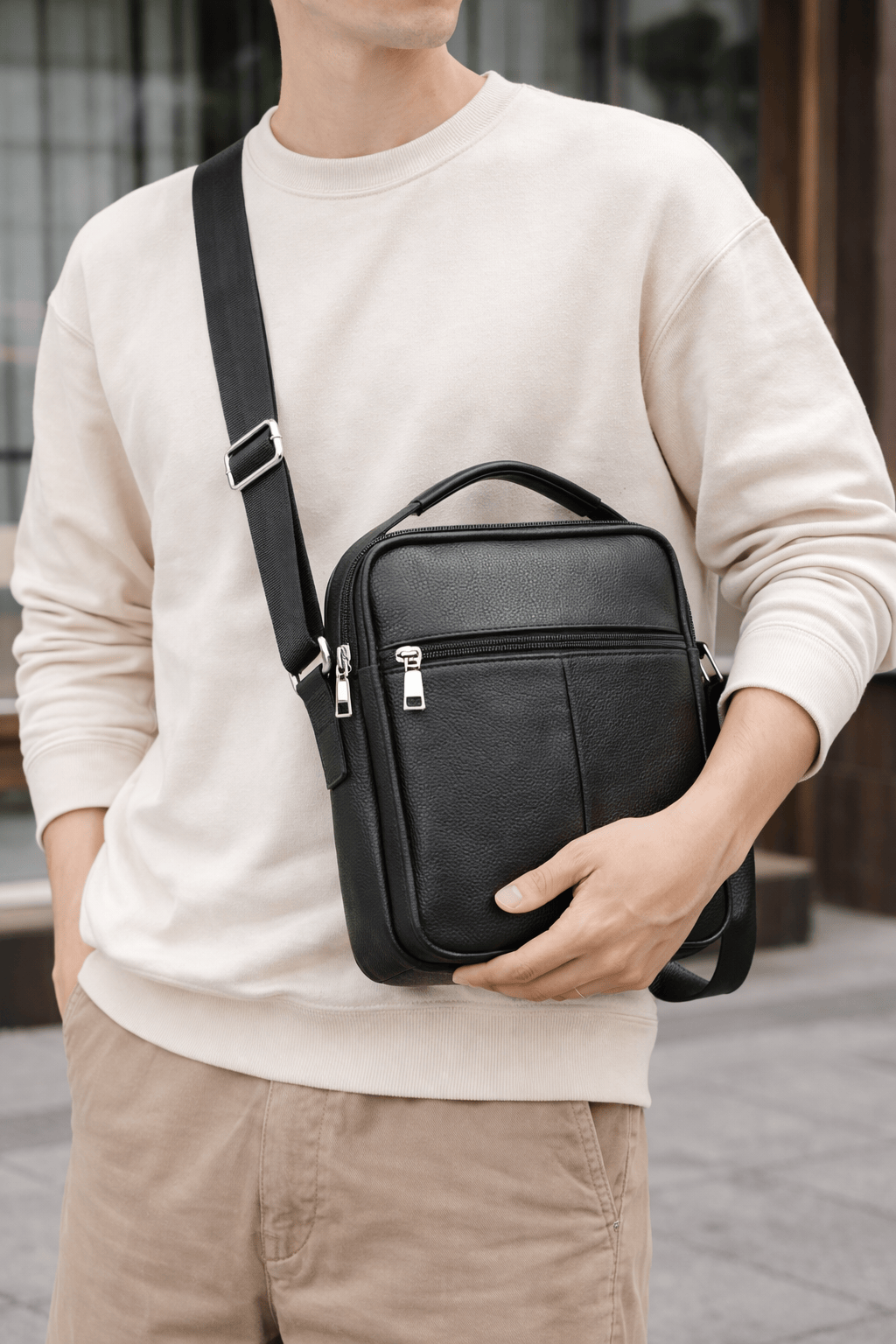 Black Leather Shoulder Bag - HANA