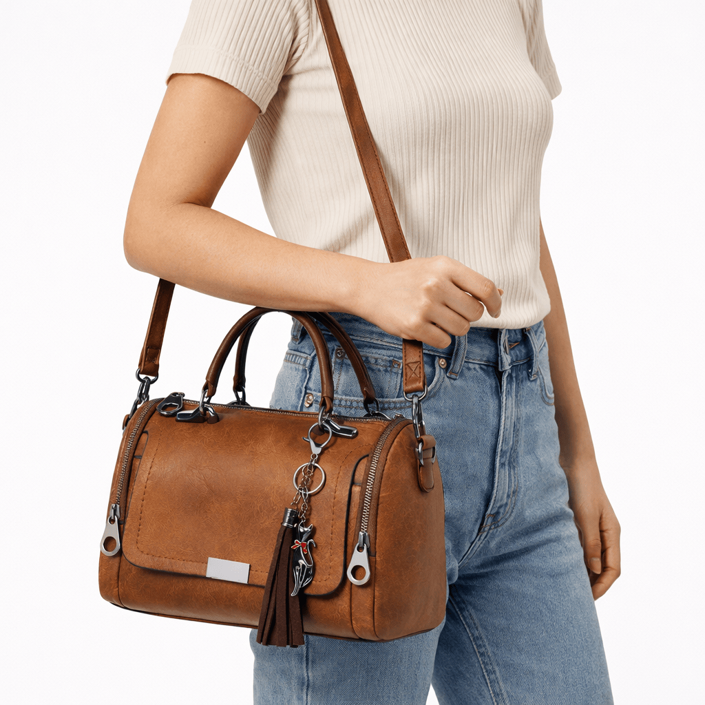 Faux Leather Handbag with Pompom - ARLO